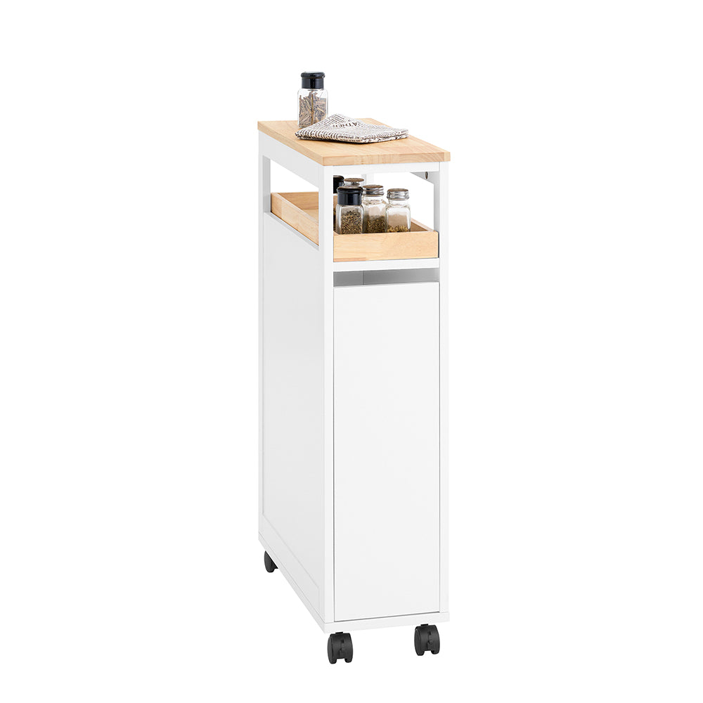 SoBuy NSR11-WN Smalle Rollende Plankenkast van Hout 20x51x79 cm - Praktische Keuken- en Badkamerwagen op Wieltjes in Wit Natuurhoutlook
