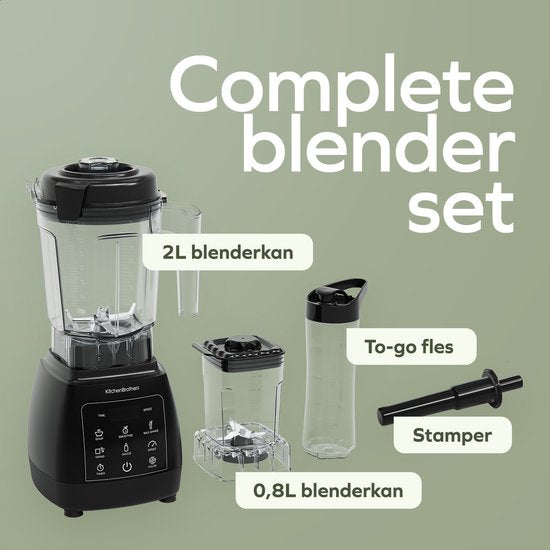 KitchenBrothers 2-in-1 Power Blender - 1600W - BPA-vrij - 2L - Complete Set met Hakmolen en To-go Beker - Smoothie Maker - IJscrusher - Zwart