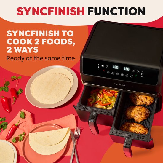 Instant Pot Vortex Dual Drawer 8L Airfryer – Dubbele Airfryer met 2x 4L Laden – SyncCook™ & SyncFinish™ – ClearCook – 8-in-1 – Tot 205°C – Vaatwasserbestendig