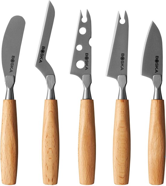Boska Kaasmessenset Amigo Small – Kaasmesjes - Set van 5 – Voor Elke Kaassoort – Non-stick – Ergonomisch – RVS en Beukenhout