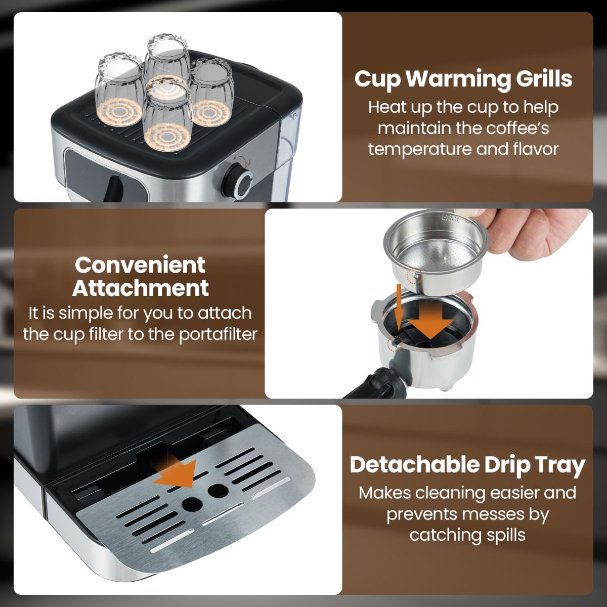Coast Espressomachine 20 Bar 1200W - Stoom-melkopschuimer - 1,8L Waterreservoir - Touchscreen - Zwart/Zilver - 26x21x28cm