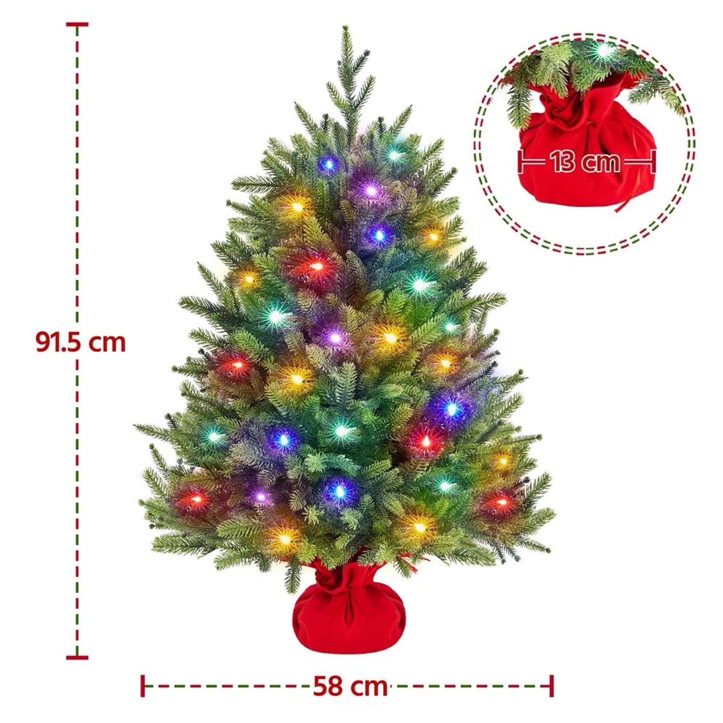 Yaheetech Kunstkerstboom Inclusief 50 Gekleurde Led-verlichting – Voorzien Van 143 Takpunten En 8 Lichtmodi En Cementen Basis – Voor Vensterbank En Tafel – Groen Pvc En Beton – 58 x 58 x 91,5 cm