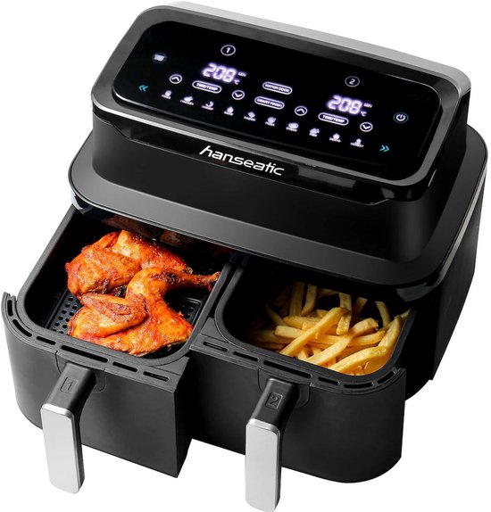 Hanseatic – HAF212600D Heteluchtfriteuse – 38,5x28,5x31,5 cm – Zwart & RVS – 1500 Watt & 6,2 Liter – 2-in-1 Airfryer met 10 Programma's – XL Digitale Aerofryer – HAF212600D