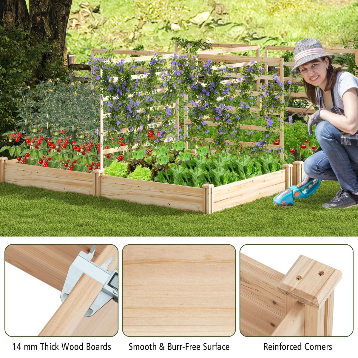 Coast Houten Plantenbak met 3 Klimrekken - Verhoogd Tuinbed - Open Bodem - Natuurlijk Dennenhout - 222 x 114 x 110 cm