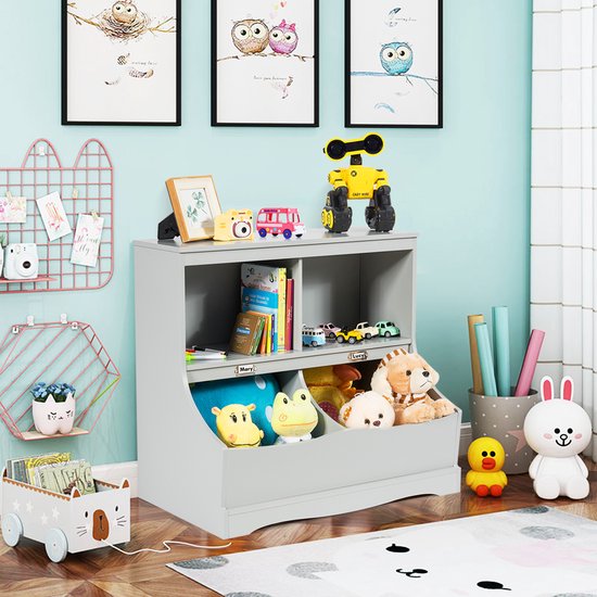 COSTWAY Kinderrek, speelgoedrek met 4 vakken, boekenrek voor kinderen, opbergrek, speelgoedorganizer voor kinderkamer en speelkamer, 67 x 40 x 62 cm, grijs