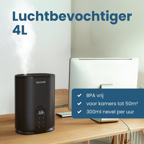 Auronic Luchtbevochtiger - 4 Liter - 40m2 - Geschikt voor Woonkamer, Kantoor, Slaapkamer, Babykamer en Meer - Met Aromatherapie - BPA-Vrij - Zwart