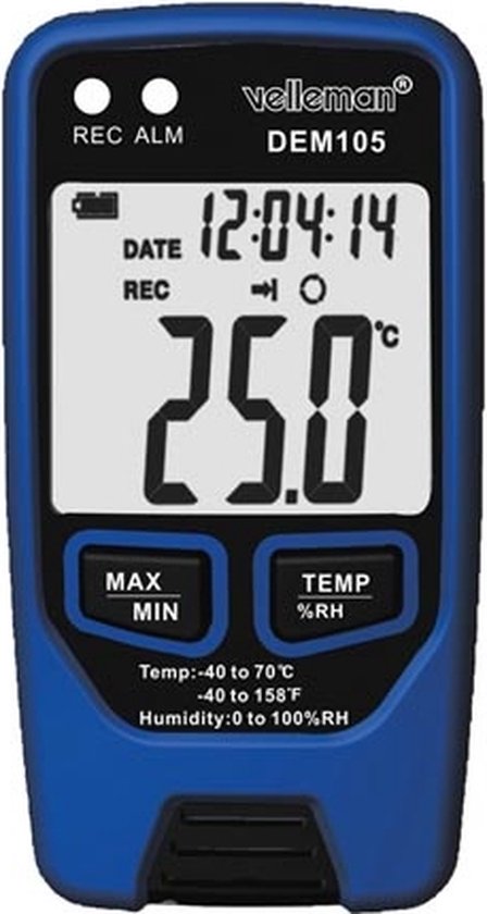 Velleman Datalogger, meet temperatuur en vochtigheid, USB, LCD-display, luid alarm, lange batterijduur