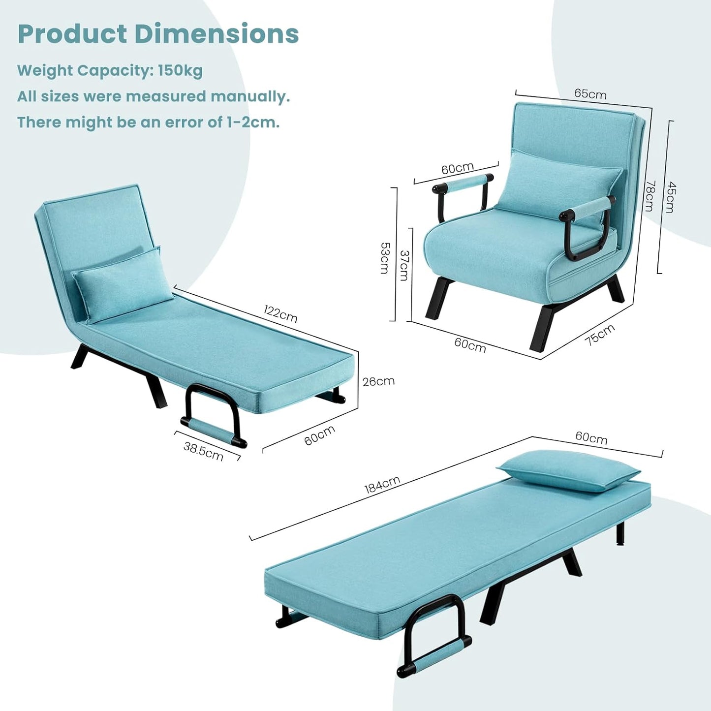 WOLTU 3-in-1 Slaapstoel - Logeerbed - Blauw - 65x75x78cm