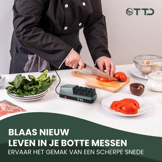 TTD® Premium Messenslijper Elektrisch - 3 Standen - Voorbewerken, Slijpen en Polijsten - Antislip - Doortrekslijper - Knife Sharpener - Aanzetstaal voor Messen