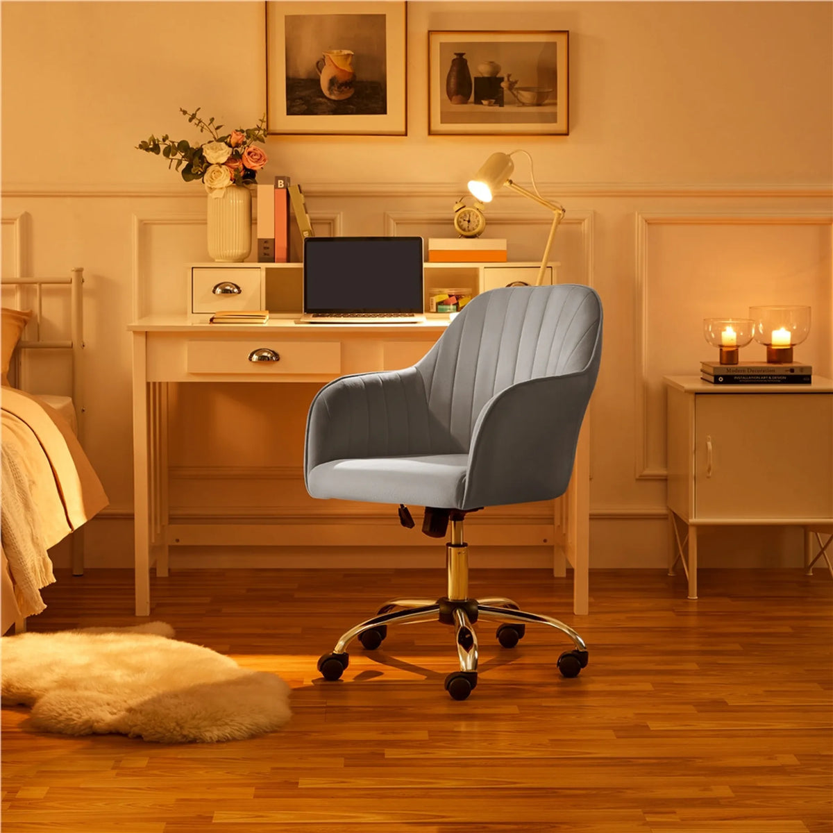 Yaheetech Bureaustoel Ergonomisch – Voorzien Van Luxe Fluwelen Bekleding En In Hoogte Verstelbare Gaslift En 360° Draaibare Nylon Wielen – Voor Kantoor En Studeerkamer – Lichtgrijs Metaal – 60 x 61 x 83-92,5 cm
