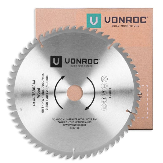 VONROC Zaagblad 60T Ø250 x 30 x 2,8/1,8 mm – Voor hout en tafelzagen