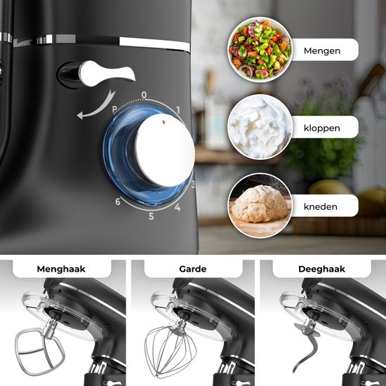 Fentic Keukenmachine – 2000W – Keukenrobot – Foodprocessor - 6,2L Mengkom – Incl. Vleesmolen, Blender en extra Accessoires – Zwart