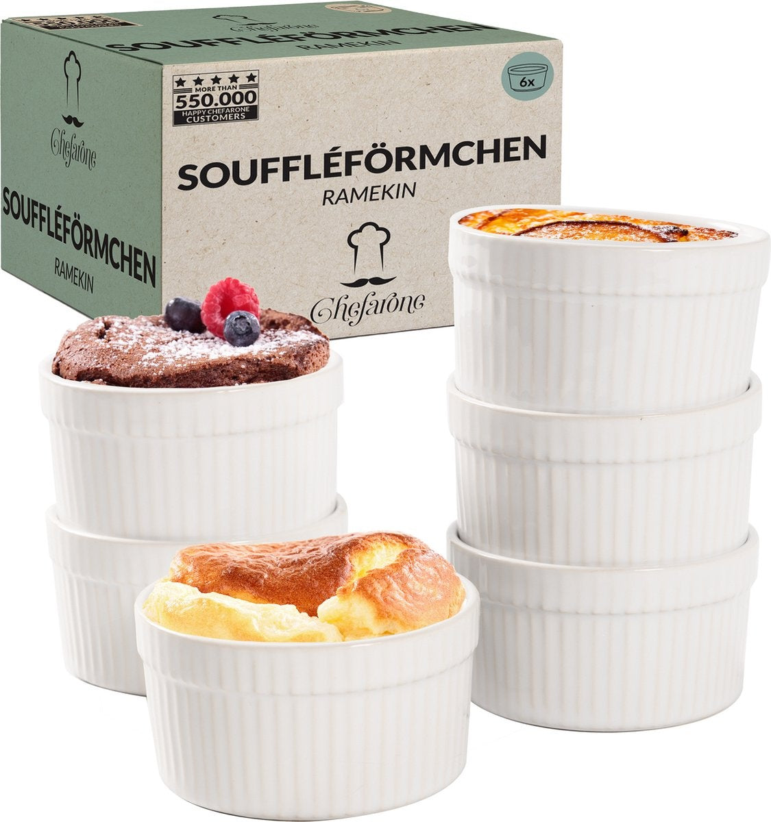 Chefarone Creme Brulee Schaaltjes - 6 Mini Ovenschalen - Ramekin Schaaltjes Keramiek - Souffleschaaltjes 200 ML - Koken met Kinderen - Toetjes Schaaltjes - Wit