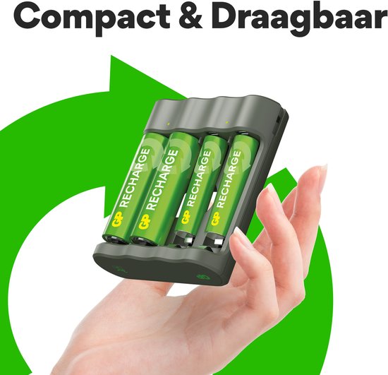 GP Recharge batterijoplader voor AA & AAA batterijen – 4 slots, USB-aansluiting, Veilig en snel opladen, Compacte batterijlader met oplaadbare batterijen 2x AA 2100mAh / 2x AAA 800mAh
