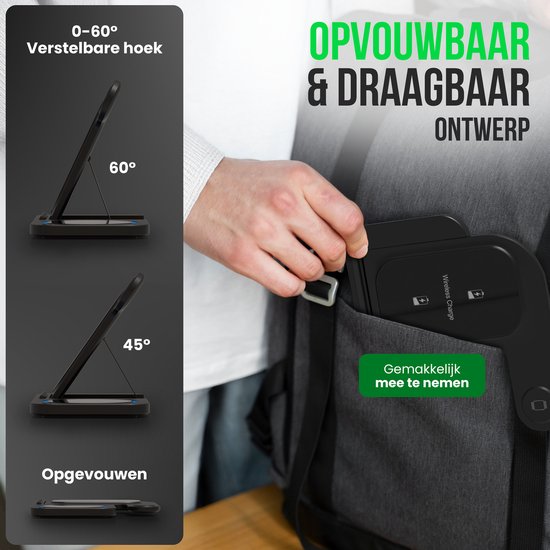 Strex 3-in-1 Draadloze Oplader - Oplaadstation - 15W Snellader - Opvouwbaar - Geschikt voor iOS & Android, Apple Watch, AirPods en Draadloze oortjes - Zwart