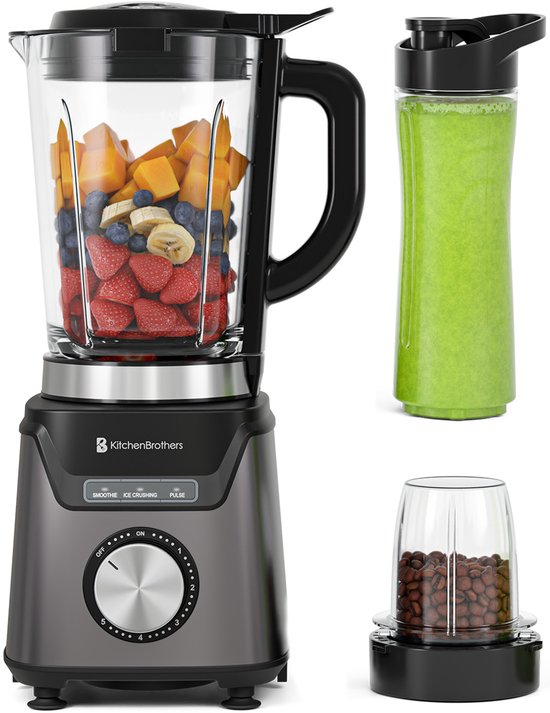 KitchenBrothers Blender Met Drinkfles - 1200W - BPA-vrij - 1.5L - Smoothie Maker - IJscrusher - Grijs