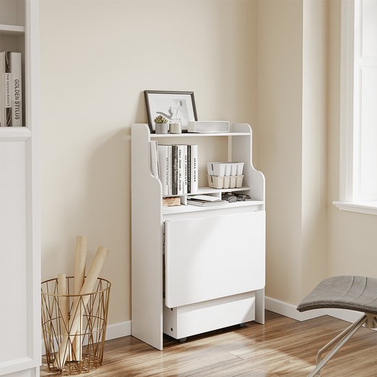 SoBuy Wandklaptafel FWT105-II-W - Multifunctionele Ruimtebesparende Klaptafel met Wielen - Inklapbaar Bureau met Lade en Planken - Wit