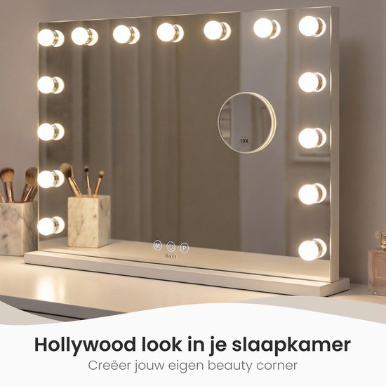 Bayt Hollywood Spiegel met verlichting - Make Up Spiegel met Verlichting - Spiegel Met Verlichting - Dimbaar - 10x Vergroting - 58x46cm - Wit