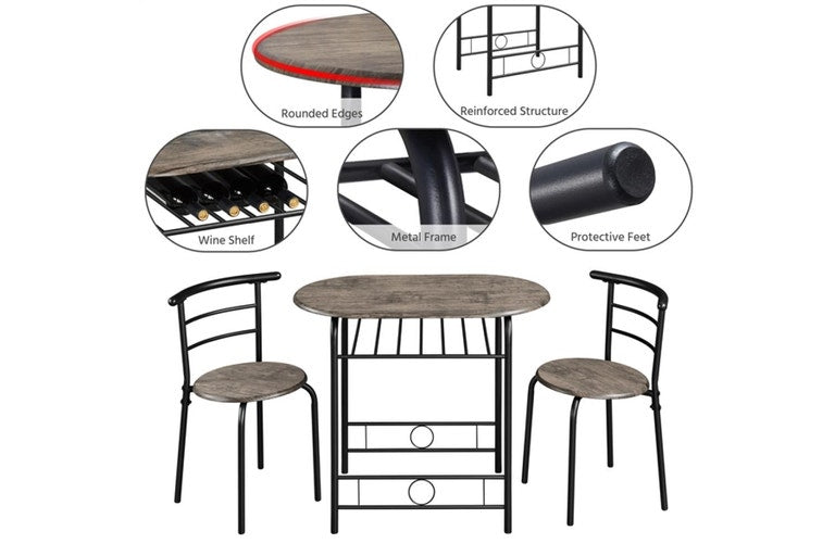 Yaheetech Bistroset 3-delig - Tafel 80 x 53 x 74,5 cm - 2 Stoelen - Opbergvak - Zwart