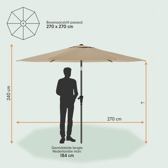 LifeGoods Parasol - Tuin - Ø270 cm - 30° Kantelbaar - Waterdicht - Taupe