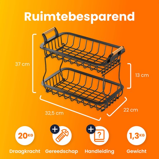 Posity Fruitschaal 2 Laags - Fruitmand - Fruit Etagere - Groentemand - Draadmand - Fruitrek - Hout & Metaal - Zwart