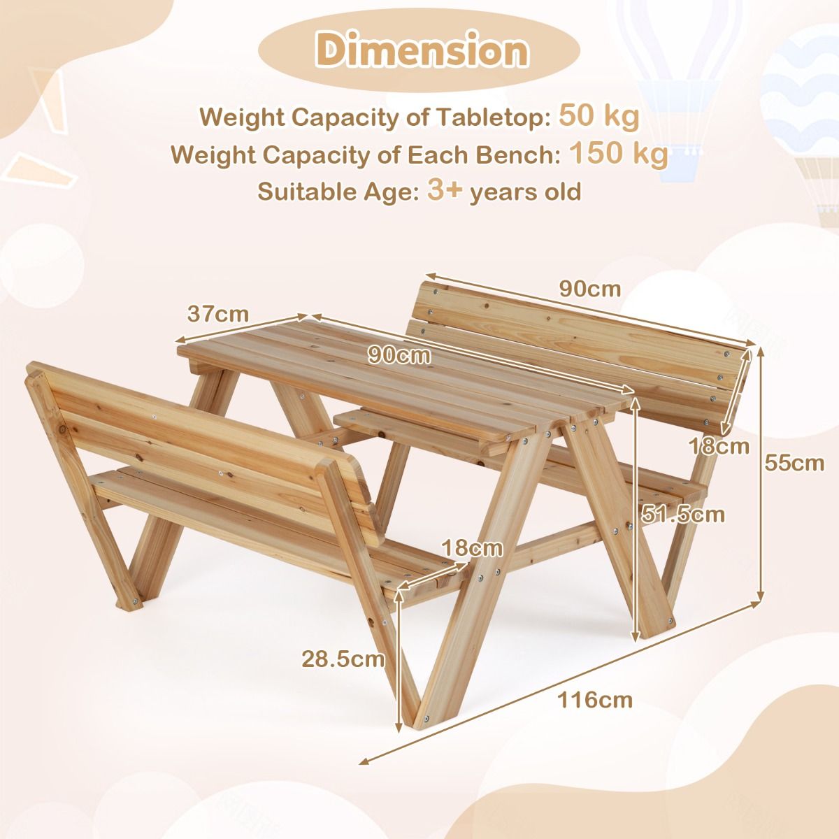 Coast Kinderpicknicktafel - houten peutertafel en bankenset - met rugleuning - naturel