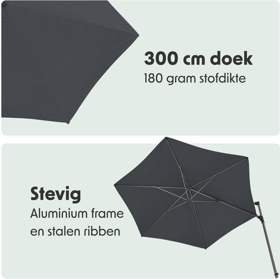LifeGoods Parasol - Ø300 cm - 30° Kantelbaar - One-push Systeem - Waterdicht - met Hoes - Antraciet