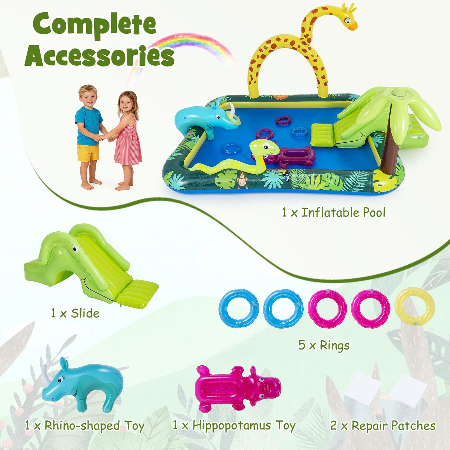 Coast Dieren in de Jungle Opblaasbaar Zwembad met Glijbaan en Sprinkler - Ringwerpspel Waterspeelcentrum voor Kinderen - 208x178x138 cm - Multikleur