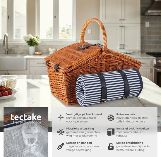 tectake® complete Picknickmand Set Vlieland - Luxe 23-delige Picknick set voor 4 personen - Rieten Picknick Mand met Picknickkleed - Inclusief Koelvak, Set met Borden, Kunststof Wijnglazen en Roestvrijstalen Bestek