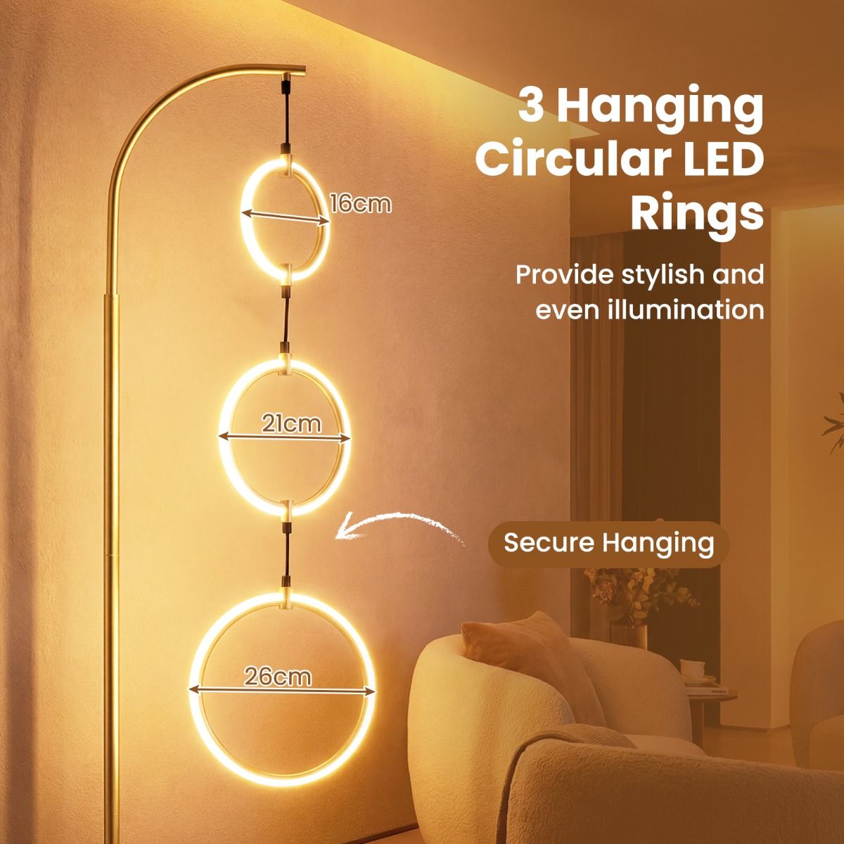 Coast Staande Lamp - dimbaar met voetschakelaar - 3 LED-lichtringen - goud