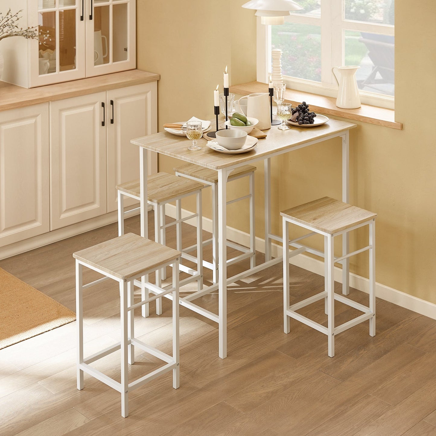 SoBuy Bartafel met 4 Krukken - Modern - max. 120 kg - Wit / Bruin