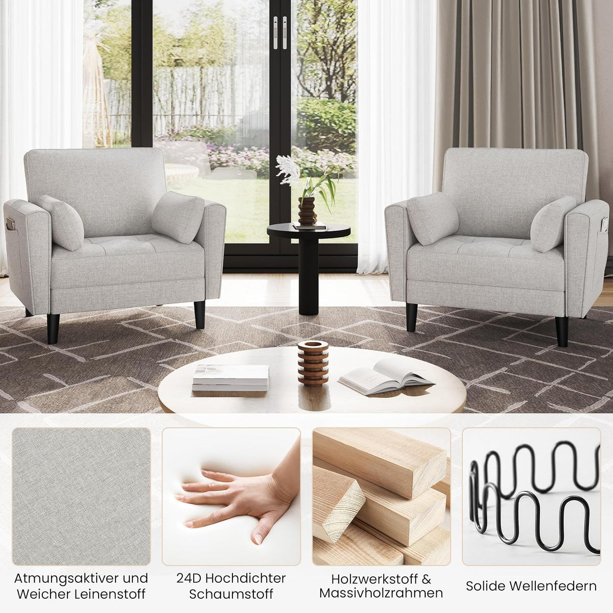 Yaheetech Loveseat Linnen Bank - Grijsbeige - 102,5 x 75 x 85,5 cm - Met 2 Kussens en Zijzakken