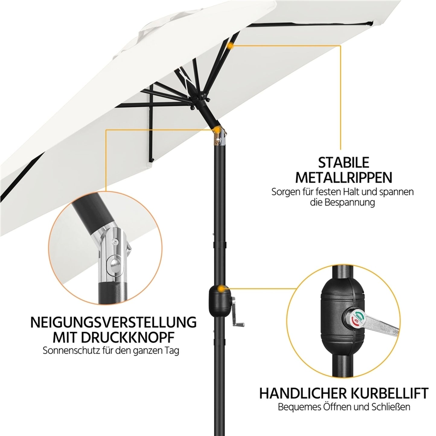 Yaheetech Parasol met Kruk en Kantelfunctie ø 269 cm - UV Werend UPF50+ - Cremewit