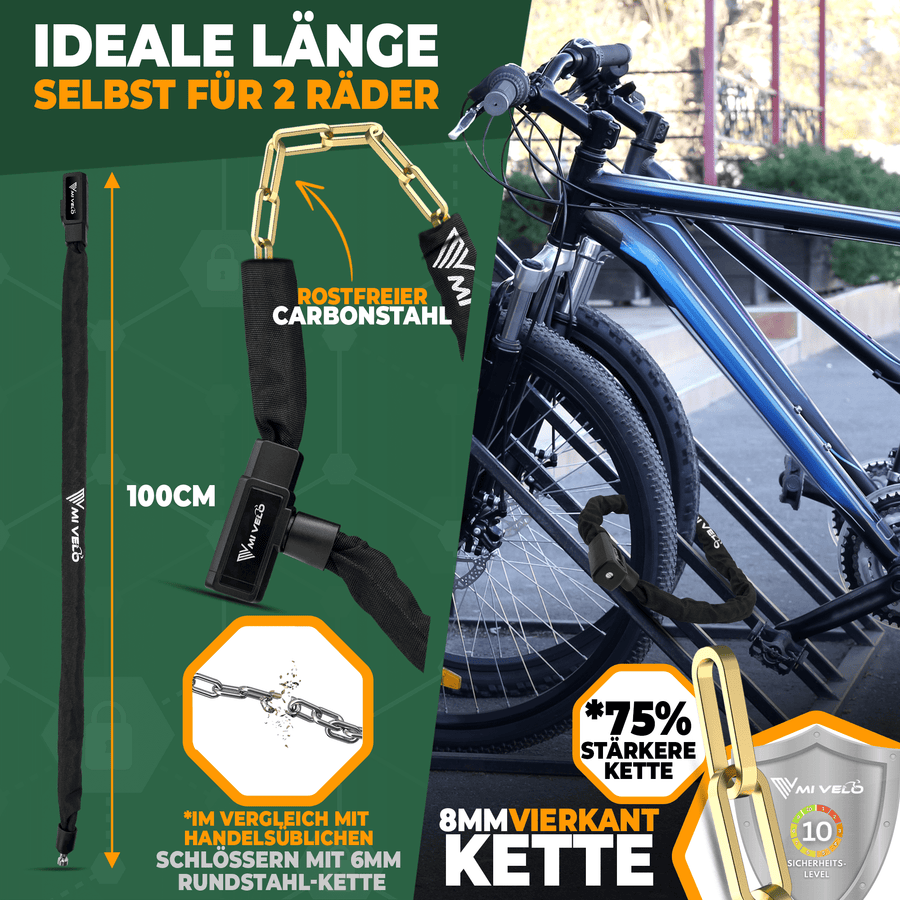 MIVELO - Fietsslot Kettingslot - 100 cm Lang & 8 mm Dik - Zwart & Gehard Staal - Safe-Secure Sleutelslot - Voor E-bike & Scooter