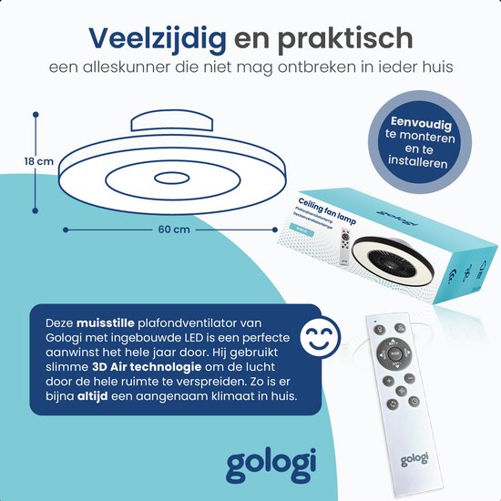 Gologi Plafondventilator met Verlichting - Ø60 cm - LED RGBW - 6 Standen - Plafondlamp Slaapkamer - Met Afstandbediening en App - Zwart