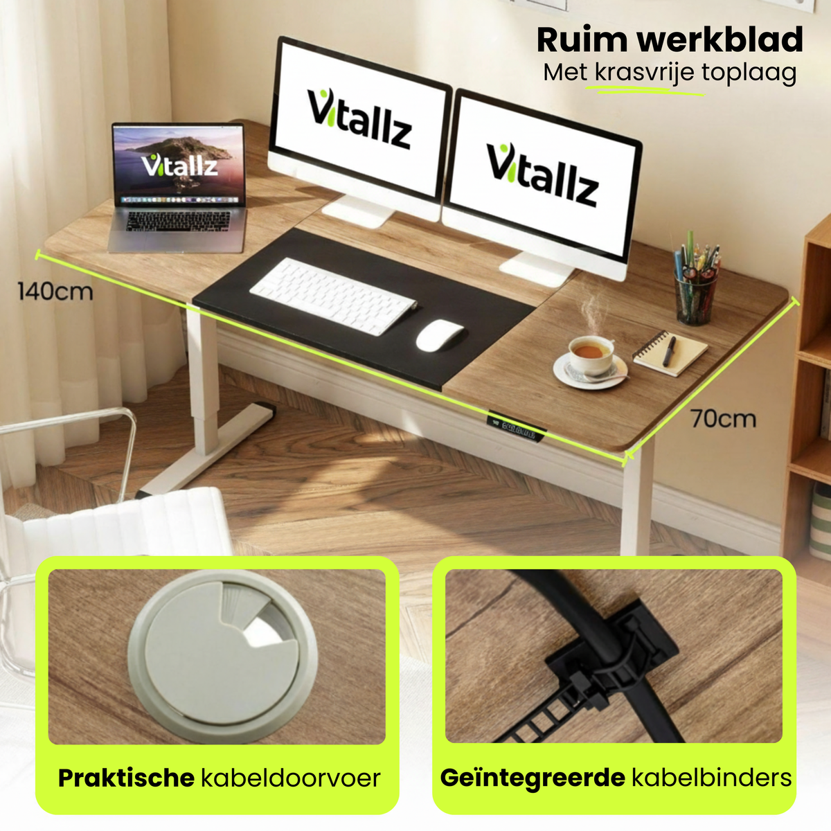 Coast Elektrisch Zit-Sta Bureau 140x70 cm Natuur - Met Kinderslot en Anti-Botsbeveiliging