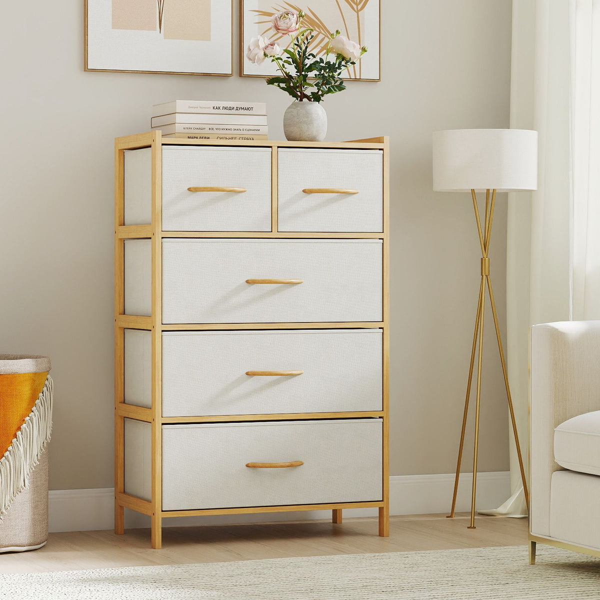 Coast Ladekast Bamboe Naturel – 58 x 30 x 94 cm – Met 5 Opvouwbare Stoffen Lades
