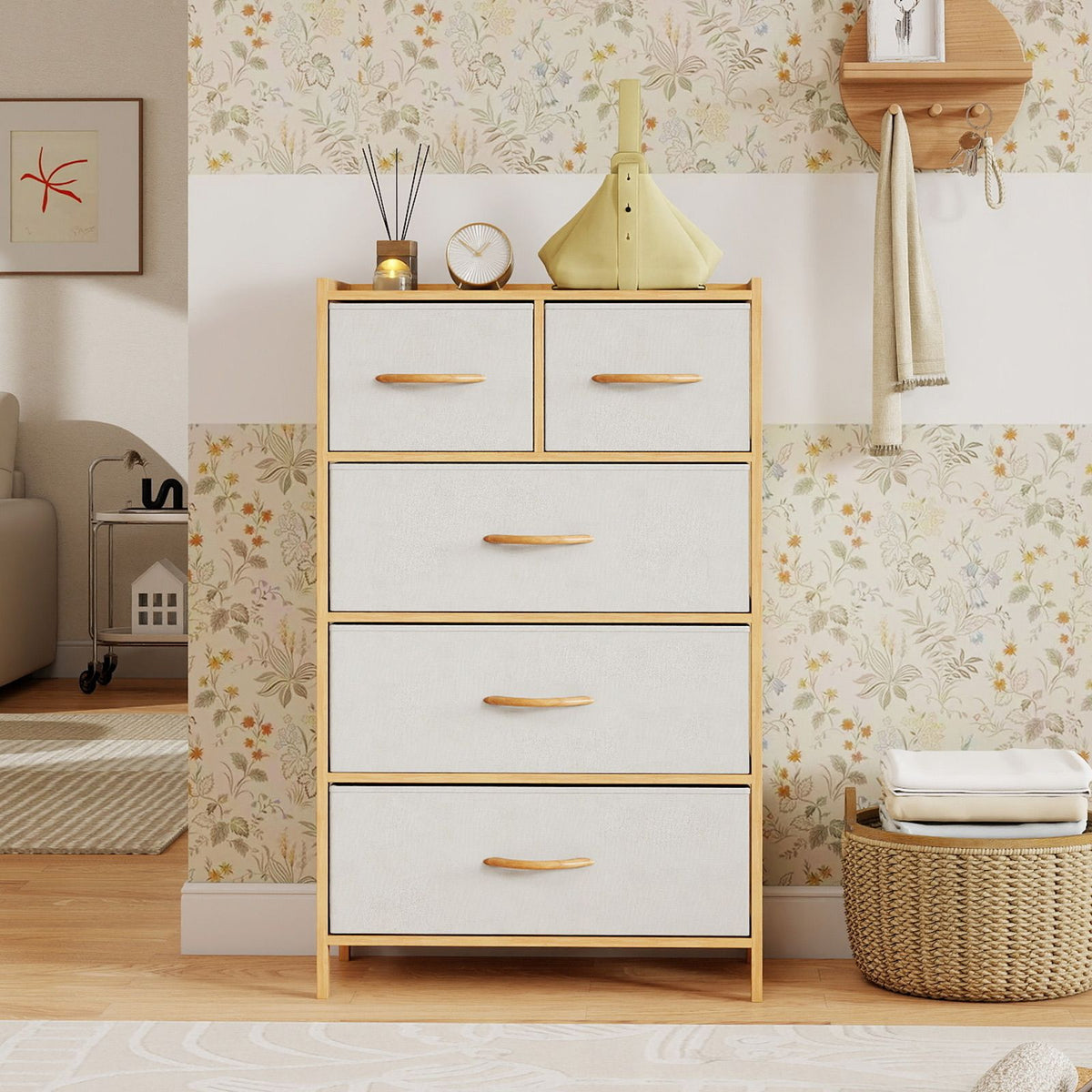 Coast Ladekast Bamboe Naturel – 58 x 30 x 94 cm – Met 5 Opvouwbare Stoffen Lades