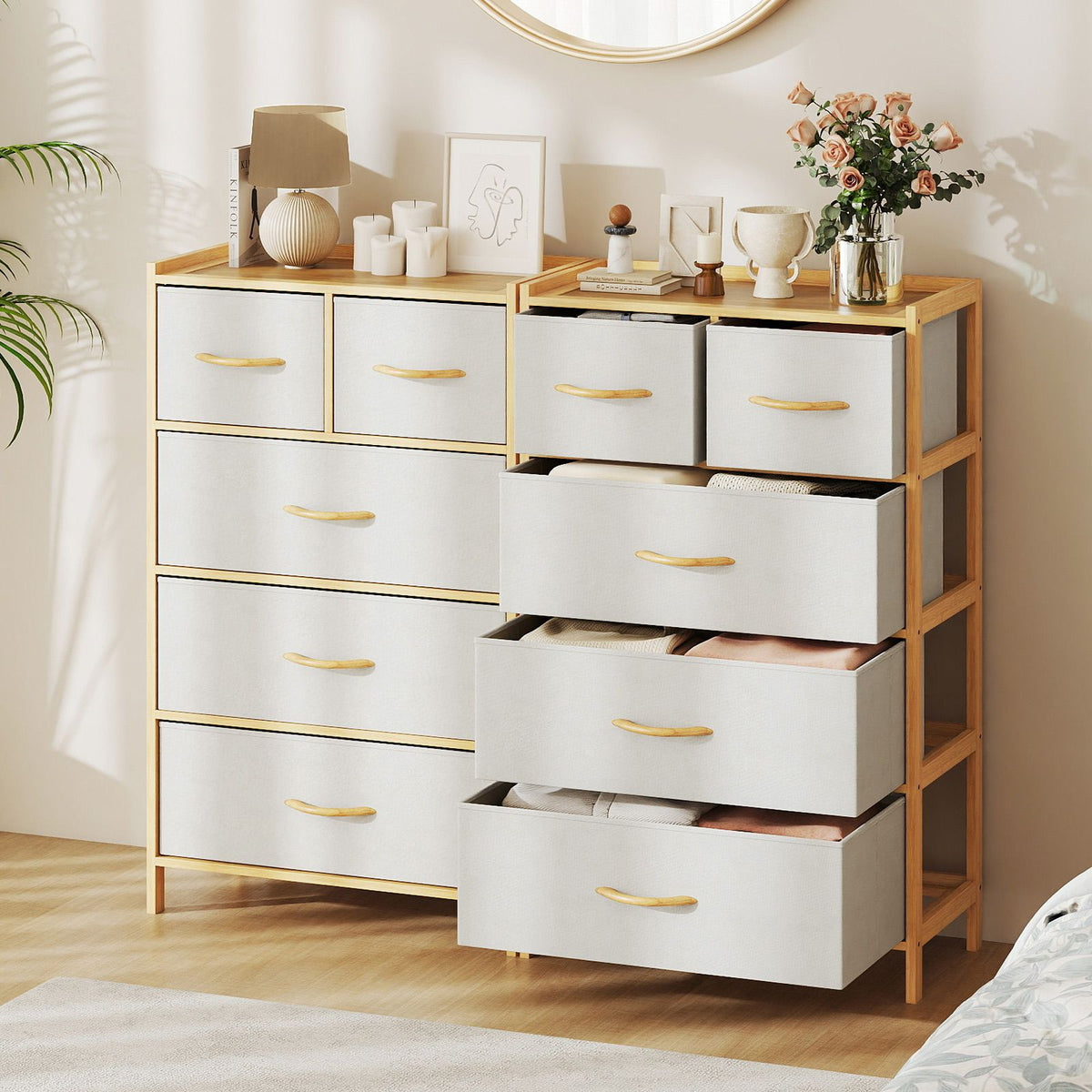 Coast Ladekast Bamboe Naturel – 58 x 30 x 94 cm – Met 5 Opvouwbare Stoffen Lades