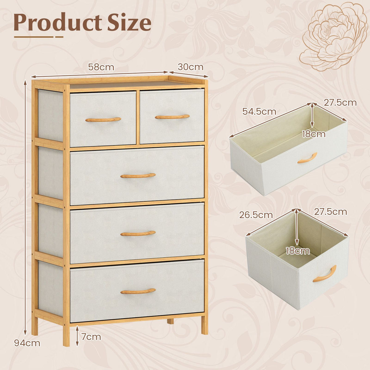Coast Ladekast Bamboe Naturel – 58 x 30 x 94 cm – Met 5 Opvouwbare Stoffen Lades