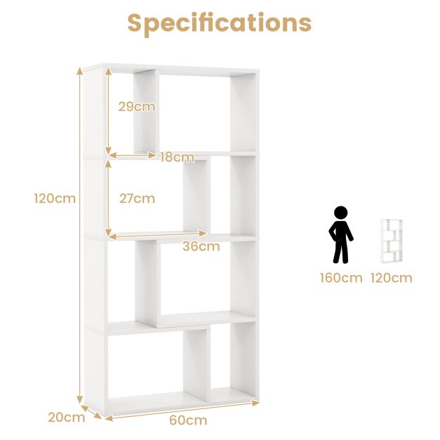 Costway Boekenkast – 8 Open Vakken – 60 x 20 x 120 cm – Wit