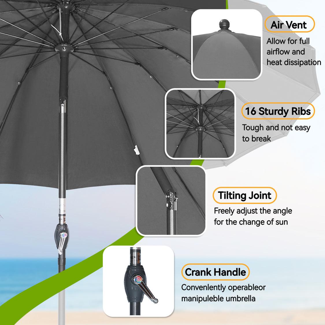 Angel Living Parasol Rond - Ø270cm - Stevig - Kantelbaar - Grijs
