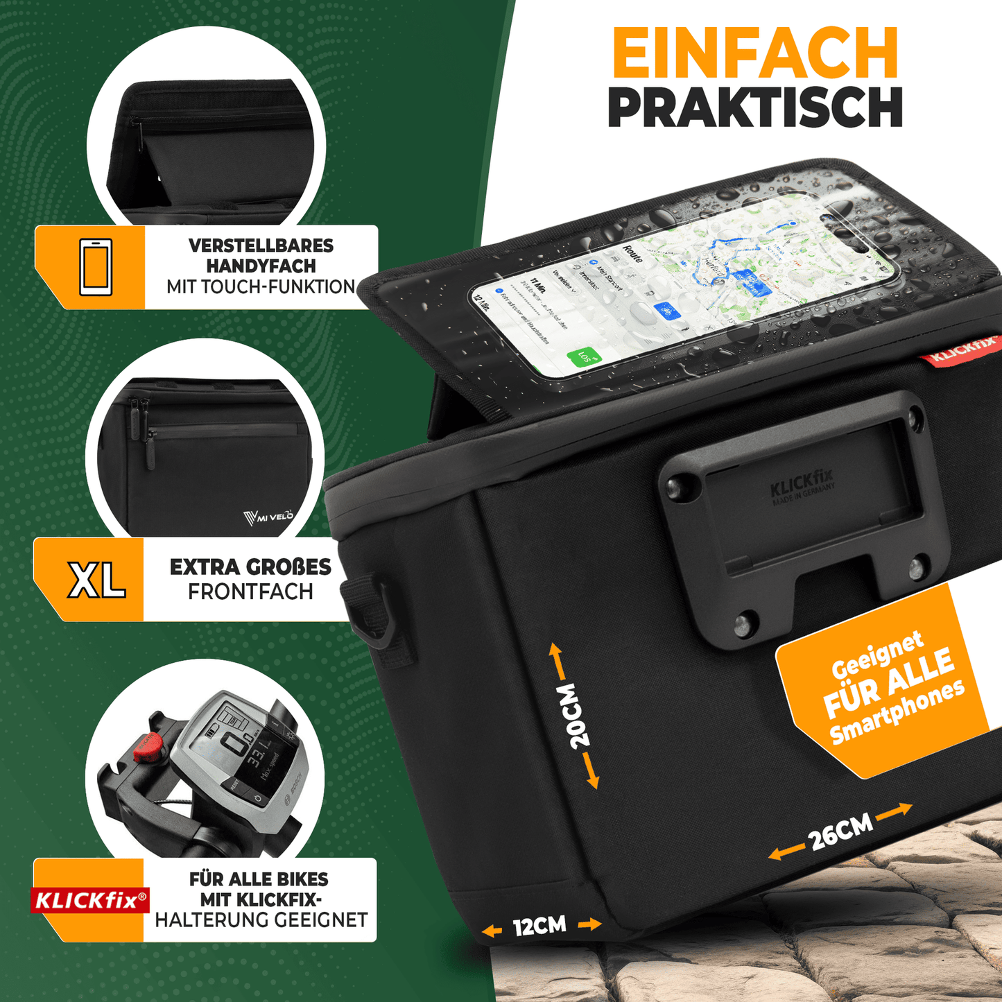 Mivelo stuurtas fiets KlickFIX met vak voor mobiele telefoon "OSKAR".