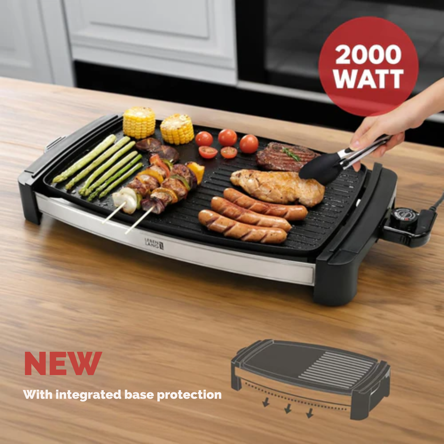 LEBENLANG Elektrische Grillplaat – 2000 Watt - 4 tot 8 personen - Ideaal voor Binnen & Buiten - 32.1 x 54.5 x 6.5 cm