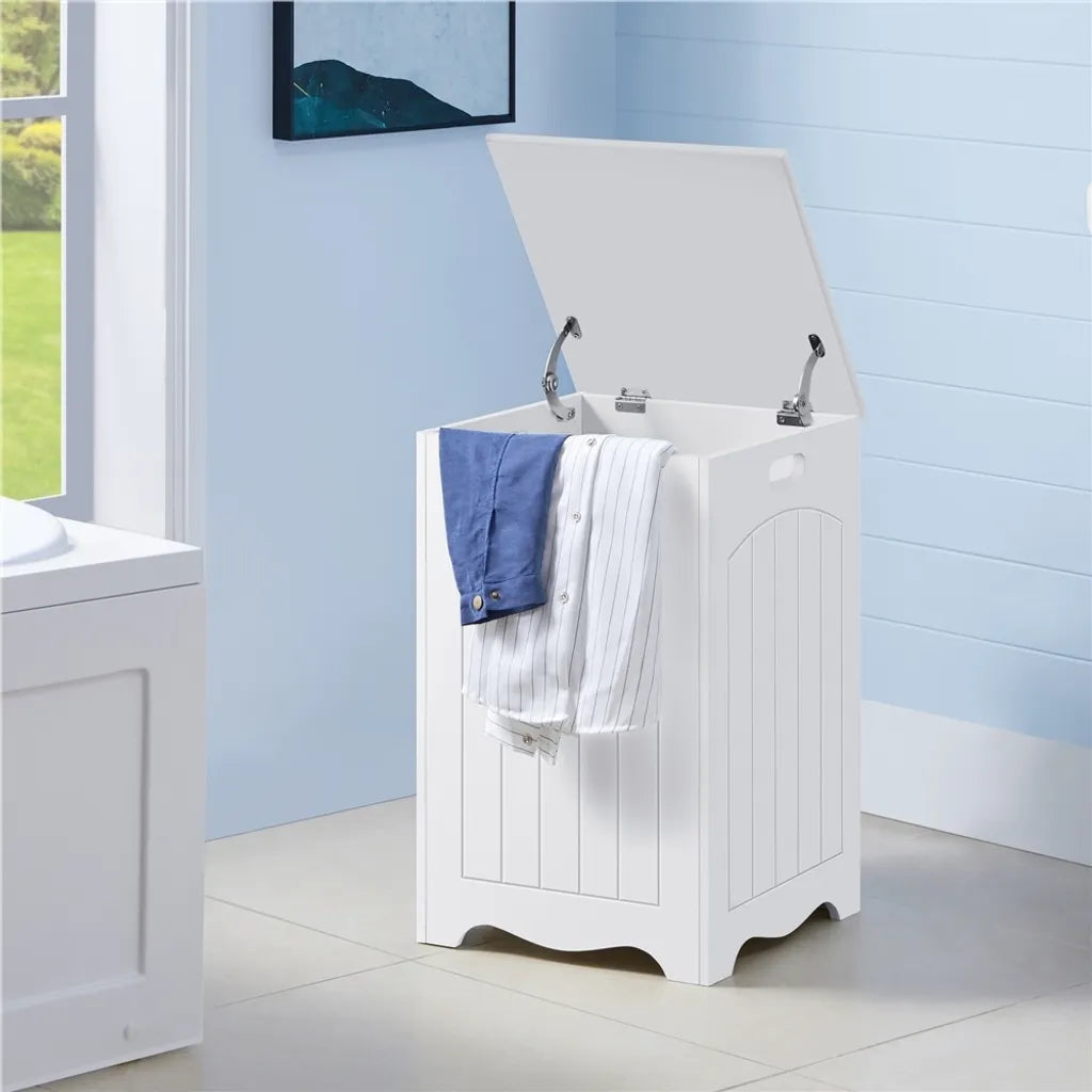 Yaheetech Wasmand met Deksel 96L - Wit - Houten Wasbox met Opbergruimte