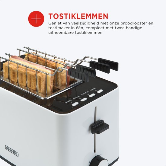 Bourgini Tosti Toaster - Broodrooster met Tostiklemmen - Wit - Extra brede sleuf geschikt voor 2 tosti's - Instelbare bruiningsstand en ontdooifunctie