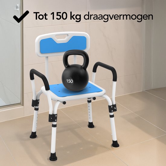 Brixy Douchestoel Met Afneembare Rugleuning En Armleuning - Anti Slip - Verstelbare Hoogte - Max. 150 kg - Douchekruk - Badkamerstoel