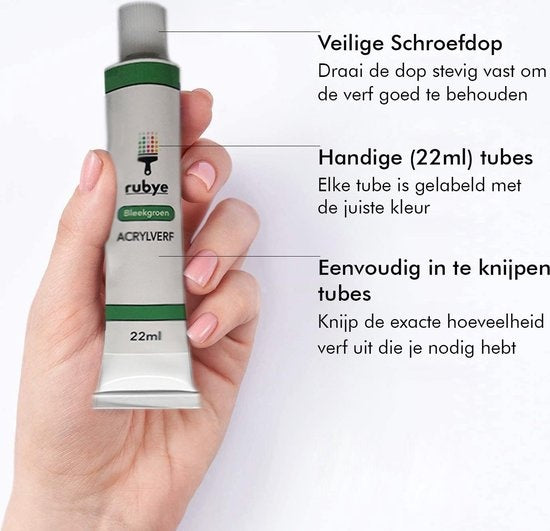 Rubye® Acrylverf - Schilderen - Verf - Penselen - Hobby en Creatief - Schilderen op Nummer - 22ML Tubes - 12 Kleuren