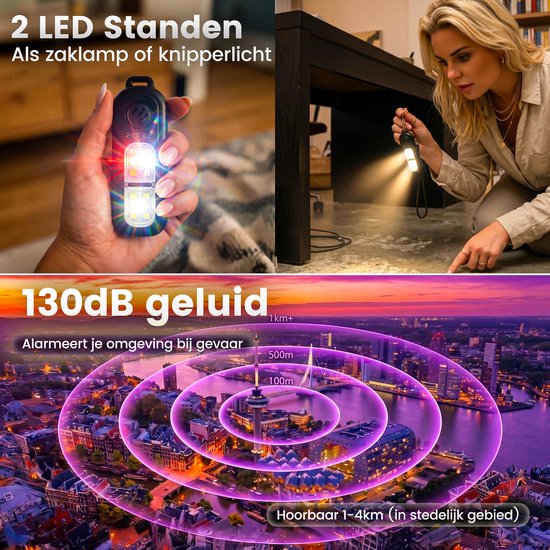 Persoonlijk Alarm Sleutelhanger 130dB - Zelfverdediging voor Vrouwen - Pepperspray - Oplaadbaar Zakalarm met Zaklamp