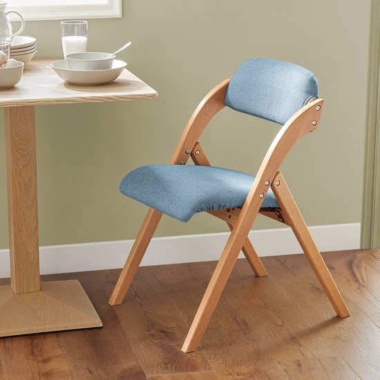 SoBuy Houten Klapstoel met Gestoffeerd Zitkussen, Bureaustoel, Eetkamerstoel, Natuur/Blauw, 47.5x77x59 cm, FST92-BL - voor eetkamer, balkon of kantoor
